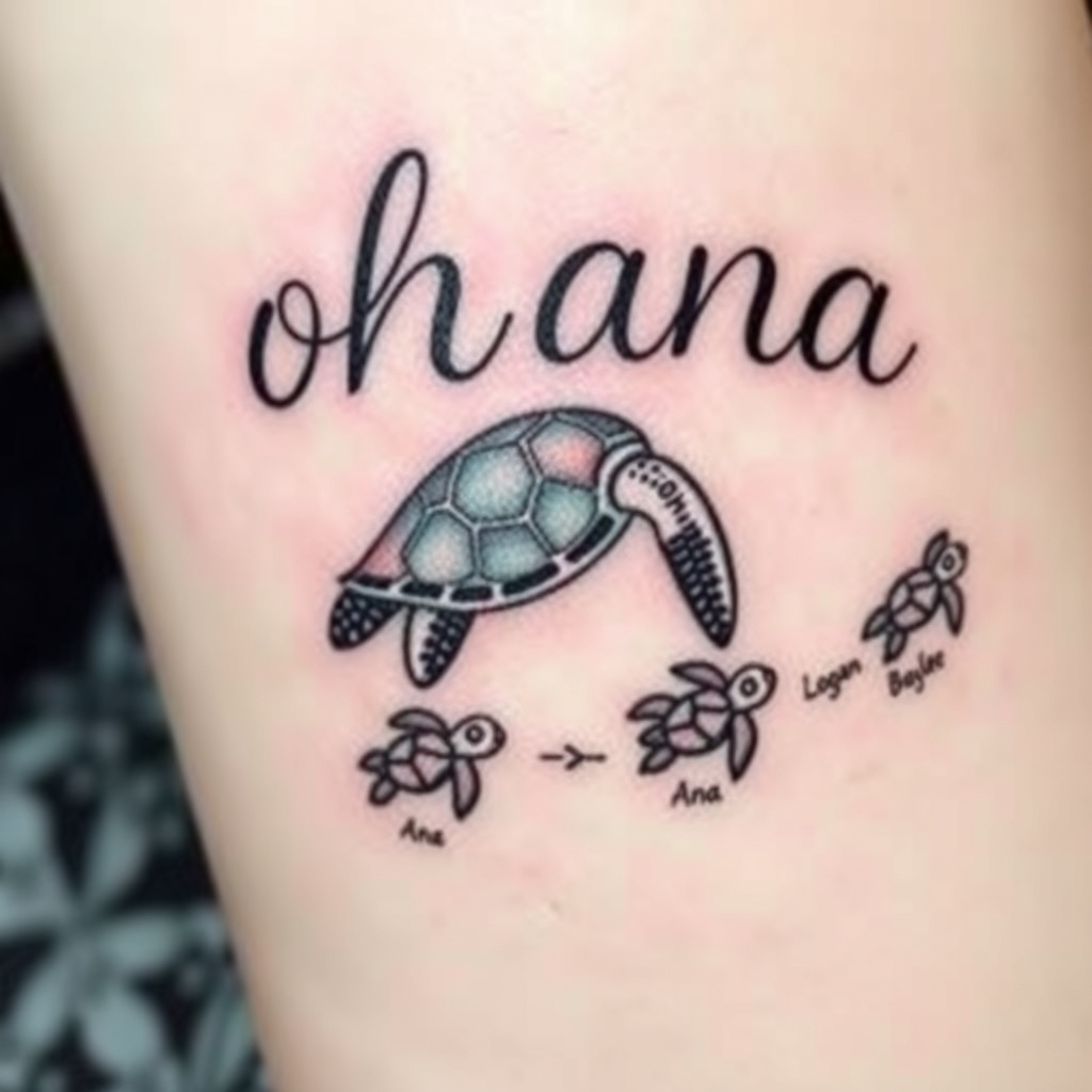 A tattoo design of A momma sea turtle swimming toward the word ohana with 3 baby sea turtles following behind in a stream of water with the names Ana Logan and baylee by the baby sea turtles. The baby sea turtles looking like Finding Nemo sea turtles in the style of abstract. - sea turtles tattoo design generated by AI tattoo generator