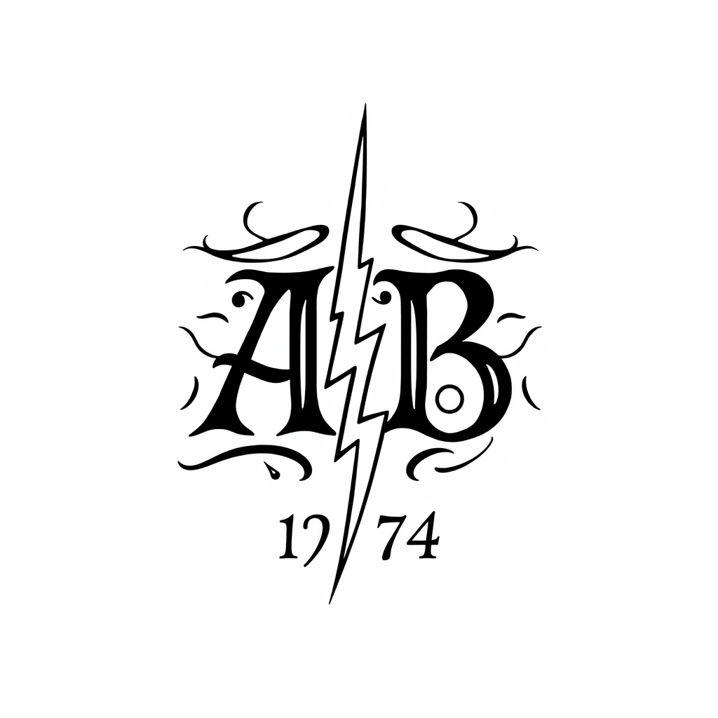 A tattoo design of Initials AB, year 74, lightning bolt in the style of tribal. - symbol and initials tattoo design generated by AI tattoo generator