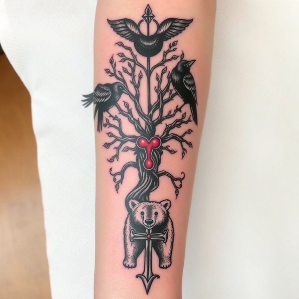 A tattoo design of feminine, odins ravens, wyrd, yggdrasil, vegvisin, valknut, troll cross and bear, add a little red Down my arm onto my wrist in the style of surrealistic. - norse mythology tattoo design generated by AI tattoo generator