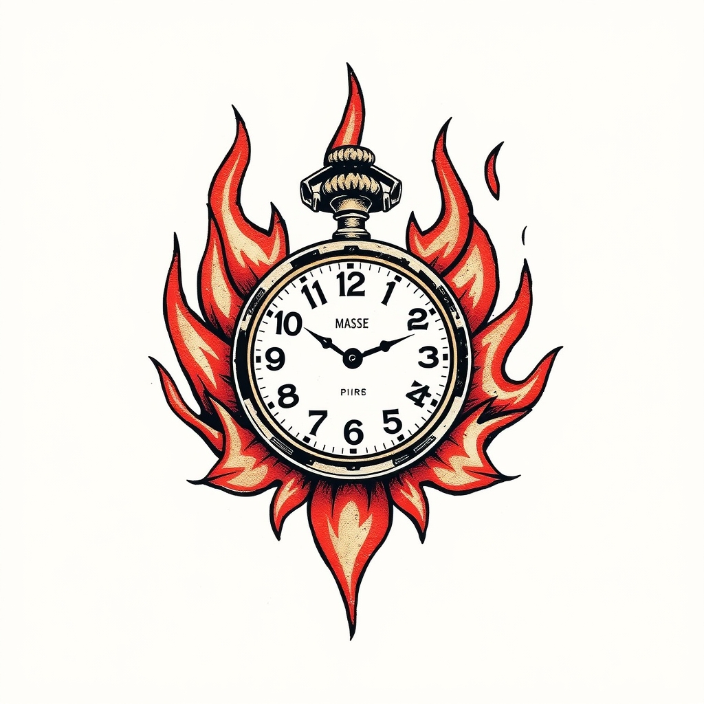 A tattoo design of vintage pocket watch on flames in the style of geometric. - timepiece tattoo design generated by AI tattoo generator