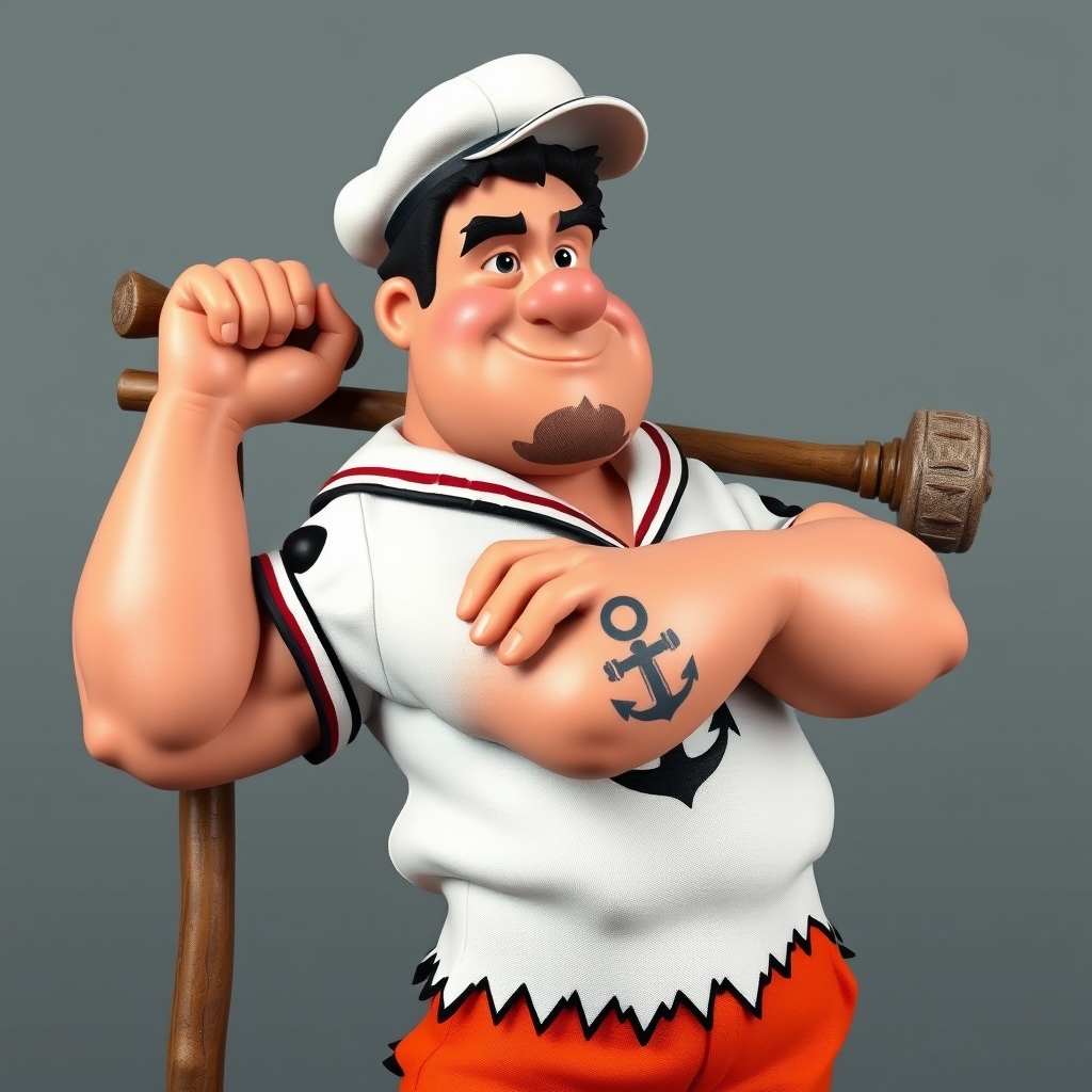 A tattoo design of Character & Pose Fred’s Iconic Build + Popeye’s Physique: Fred Flintstone’s round, amiable face—complete with his trademark stubble—is built on Popeye’s muscular frame, especially that legendary forearm power. Anchor Tattoo: Boldly inked on his forearm: Popeye’s classic anchor, seamlessly integrated into Fred’s rugged square-shouldered silhouette. Pose: Leaning casual and confident against Fred’s prehistoric club, angled slightly — suggesting a moment of rest after some mighty feats in Bedrock. Attire + Color Palette Popeye’s Sailor Outfit in Flintstone Hues: Shirt: Popeye’s white sailor shirt—reimagined in Fred’s signature orange-leopard pattern edged with Flintstone-style black jagged trim. Pants: Classic Popeye blue sailor trousers, but dyed in a rich Flintstone orange shade to match the shirt, trimmed black. Hat: Popeye's white cap, but the bill is stone-carved and slightly chipped for prehistoric flair. Props Club (Leaning On): A big, chunky stone club with vein-like cracks—clear Bedrock craftsmanship. Spinach Can (In Hand): A rock-hewn can labeled “Spinach” in a bold chiseled font, a vivid green leaf peeking out. --- 🖌️ Art Style Suggestions Neo‑Traditional / American Traditional Style: Clean, bold outlines (think thick black lines around character). A palette that’s bright but grounded: Flintstone orange, Popeye blue, leafy spinach green, stone-gray for props. Shading with stippling or classic Americana style for depth and texture. Color Balance: Orange-leopard pattern stays the dominant visual theme, grounding the design firmly in Fred's aesthetic—even as the sailor elements pop against it. in the style of traditional. - cartoon characters tattoo design generated by AI tattoo generator