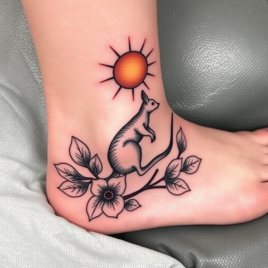 A tattoo design of Eycuyptus leaves around the ankle with Kangaroo and sun in the style of realistic. - flora and fauna tattoo design generated by AI tattoo generator