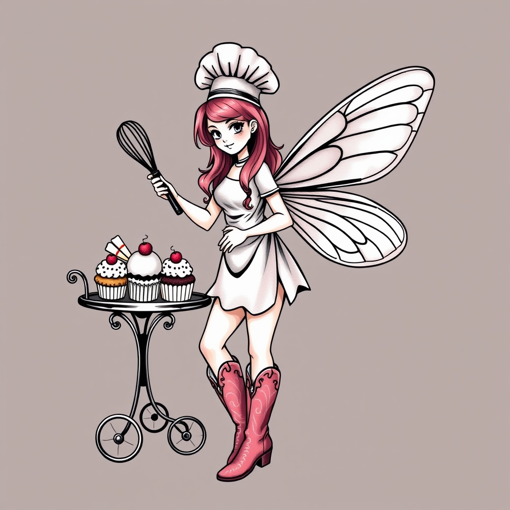 A tattoo design of Chef fairy, pink hair, dusky pink cowboy boots,  holding whisk beside trolly of cakes in the style of blackwork. - fantasy character tattoo design generated by AI tattoo generator