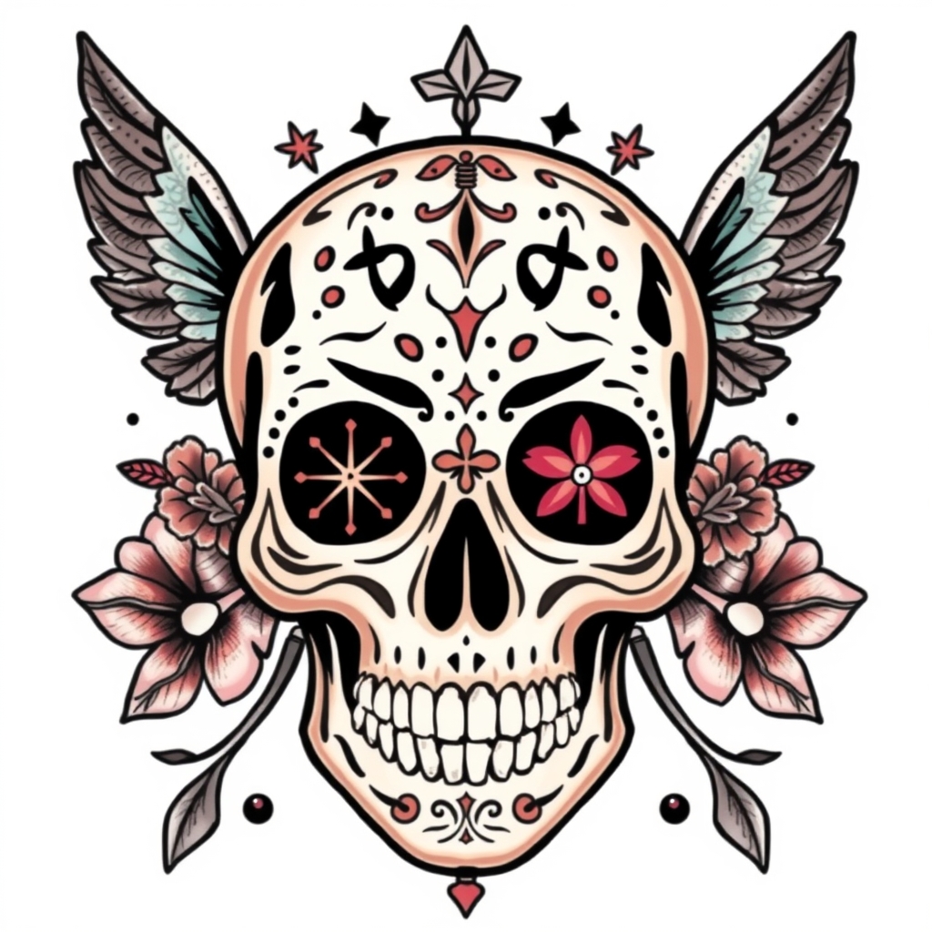A tattoo design of Sugar Skull that incorporates symbols for 4 kids in the style of realistic. - sugar skull tattoo design generated by AI tattoo generator
