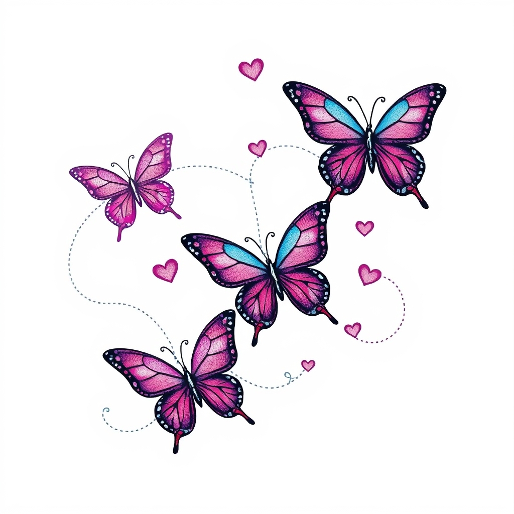 A tattoo design of Pink, blue and purple butterflies connected with loops of dotted lines to represent flying and tiny hearts and swirls in between the spaces in the style of realistic. - insects and hearts tattoo design generated by AI tattoo generator