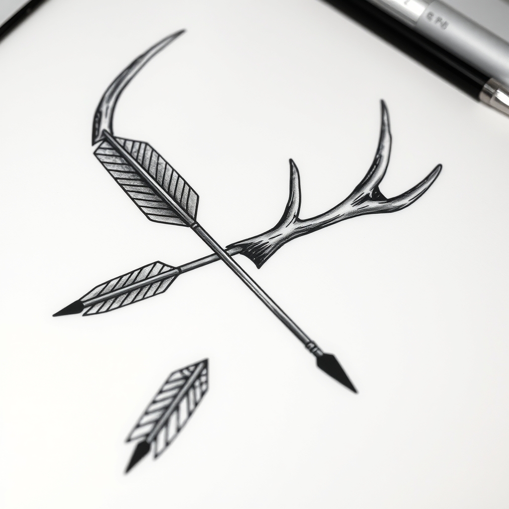 A tattoo design of Arrow laying in an elk antler in the style of realistic. - wildlife hunting tattoo design generated by AI tattoo generator