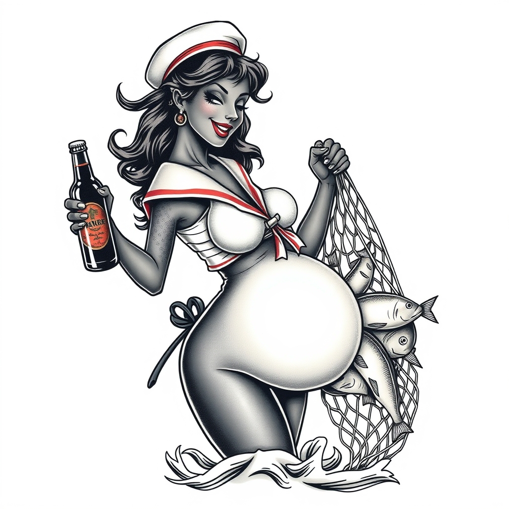 A tattoo design of A dark black woman winking with a large bum in a sailor outfit with a beer bottle hauling a net full of fish sailor jerry style in the style of traditional. - sailor pinup tattoo design generated by AI tattoo generator