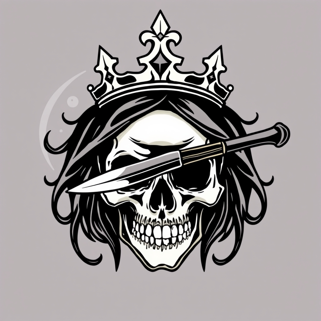 A tattoo design of Skull wearing a crown with a knife through it's eye in the style of abstract. - skull design tattoo design generated by AI tattoo generator