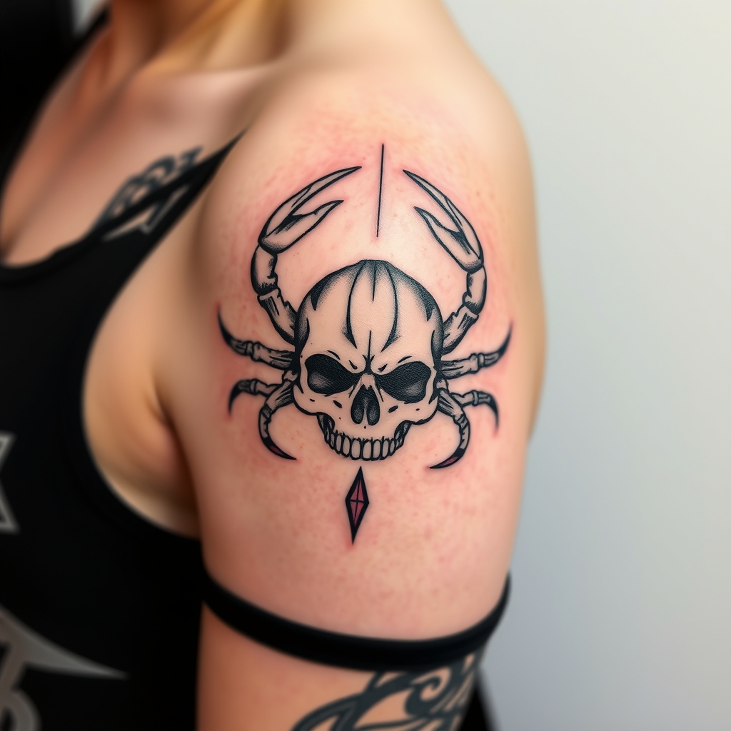 A tattoo design of A tatto for the upper arm of the Scorpio on the top of a human skull in the style of minimalist. - zodiac astrology tattoo design generated by AI tattoo generator