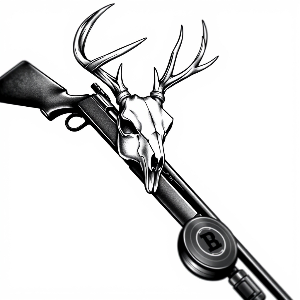 A tattoo design of a deer skull on top of the x of a lever action rifle and a ice hockey stick all blackout with with a white background with a hockey puck on the bottom of the x in the style of realistic. - hunting sports equipment tattoo design generated by AI tattoo generator