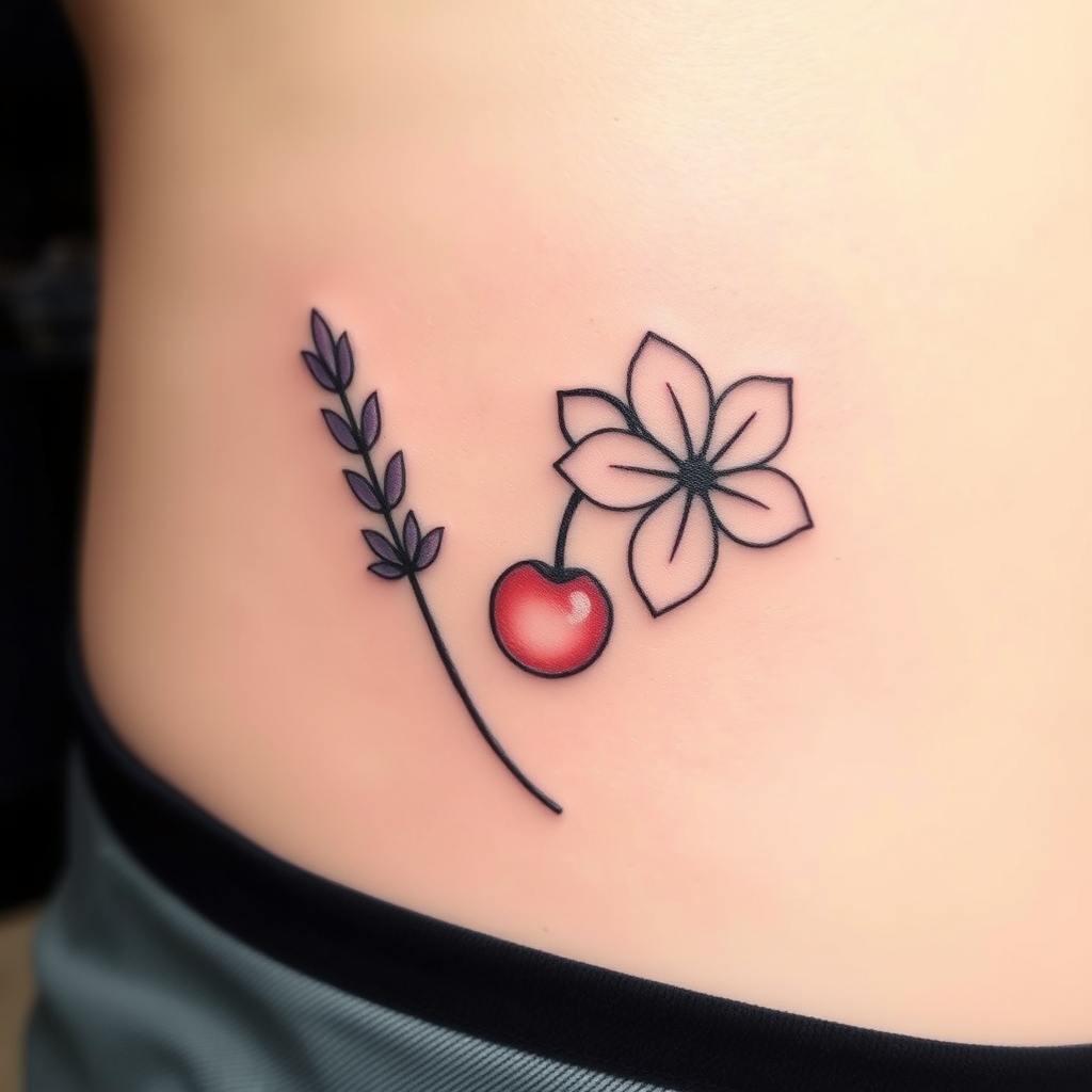 A tattoo design of  one lavender and one cherry blossom with stems touching but very minimal in the style of minimalist. - floral arrangement tattoo design generated by AI tattoo generator