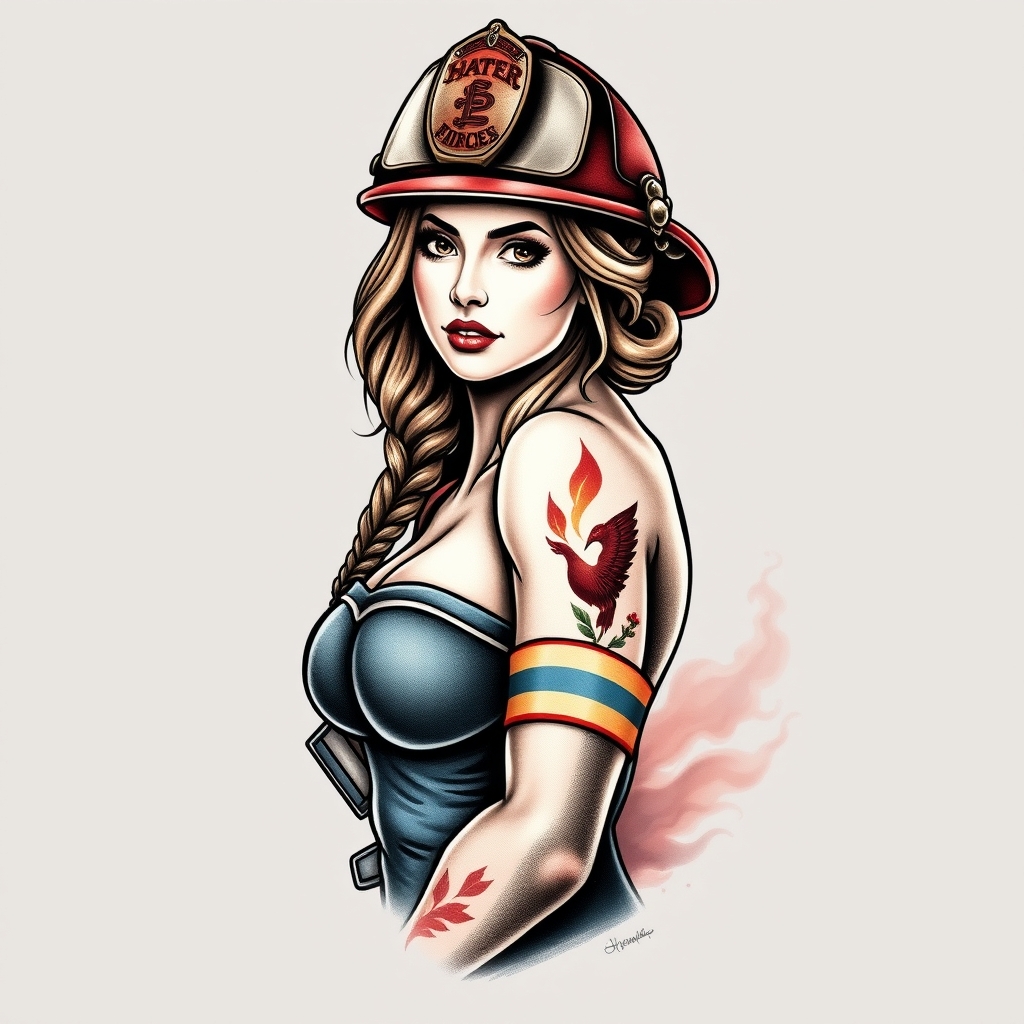 A tattoo design of A female firefighter pin up in the style of realistic. - female firefighter tattoo design generated by AI tattoo generator