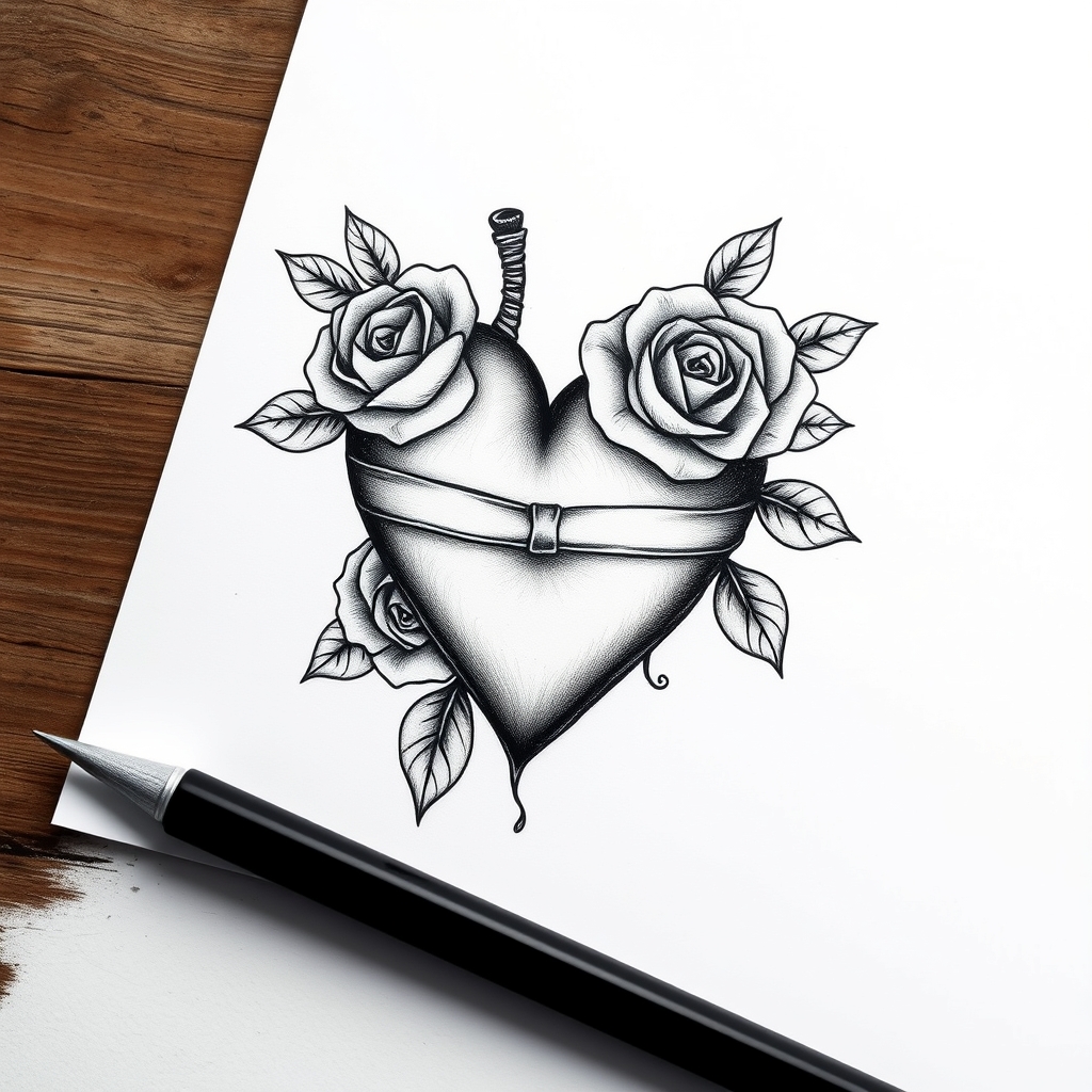 A tattoo design of b/w heart with ribon in roses on white paper in the style of realistic. - heart design tattoo design generated by AI tattoo generator