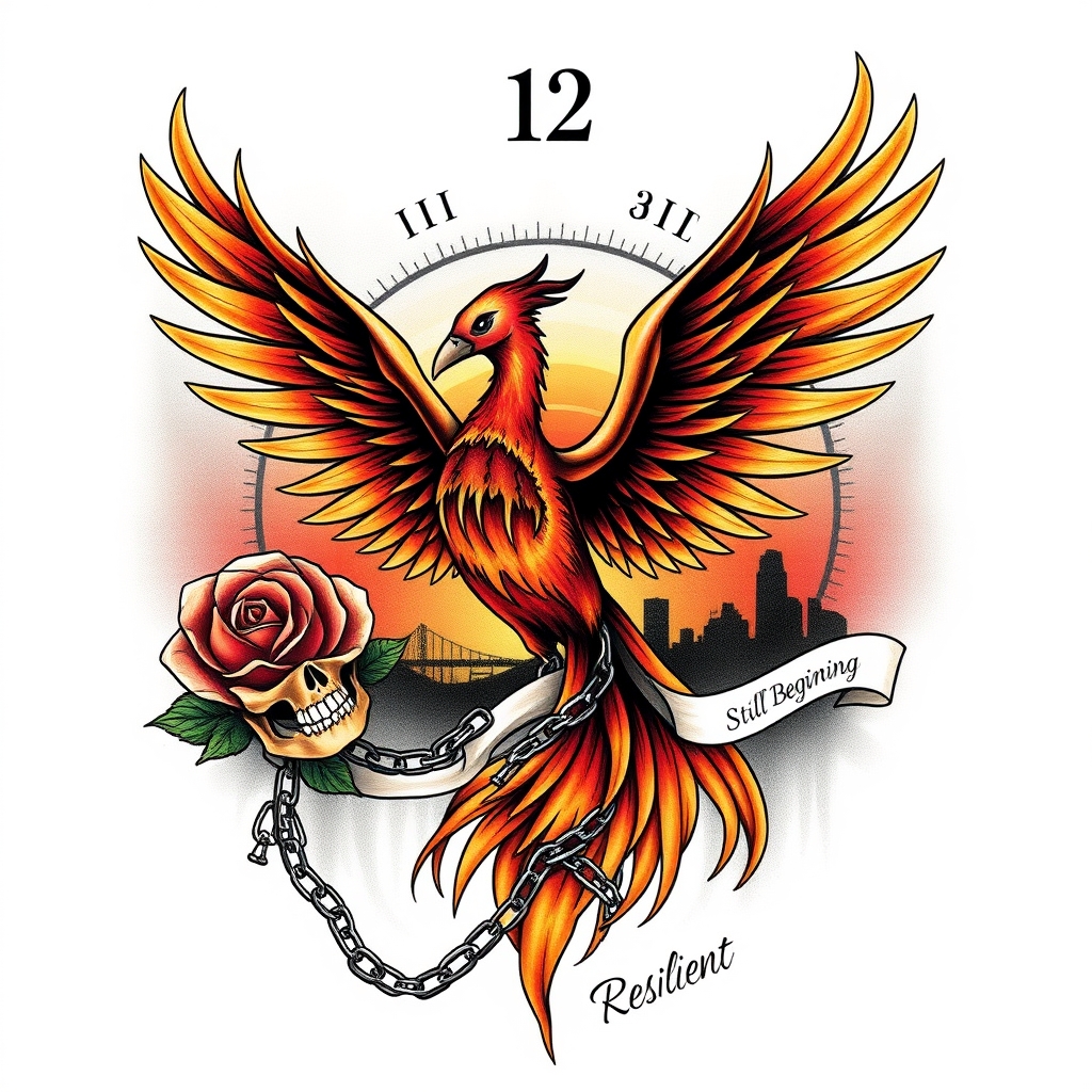 A tattoo design of That's a powerful and deeply symbolic set of themes: Pain, Drugs, Jail, and New Beginnings. Here's a tattoo concept that could visually capture that emotional journey:   ---  🔥 Tattoo Concept: “Phoenix in Chains”  Design Description:  Central Figure: A phoenix in mid-rebirth—its wings rising in flames, partially skeletal, symbolizing pain and rebirth.  Chains: Wrapped around its legs or wings, some broken, representing jail and past restraints.  Background Elements:  A skull morphing into a blooming rose, symbolizing drugs (death) transforming into life (beauty).  A sunrise breaking over a dark city skyline or prison bars, symbolizing new beginnings.   Color Palette:  Reds and oranges for fire and passion.  Dark blues and blacks for the past and struggle.  Golds or whites where new beginnings emerge.    Optional Additions:  Roman numerals or a date to mark the moment of change.  Words like “Resilient”, “Reborn”, or “Still Rising” subtly inked in the background or flame wisps.    ---  Would you like a visual sketch of this design, or would you prefer more minimalist or symbolic variations (like just the broken chains and a sprouting seed)? Let’s make something that truly tells your story.  And if you’re interested in trying this out as a temporary tattoo, check out picturetattoos.com for custom options! in the style of blackwork. - phoenix and fire tattoo design generated by AI tattoo generator