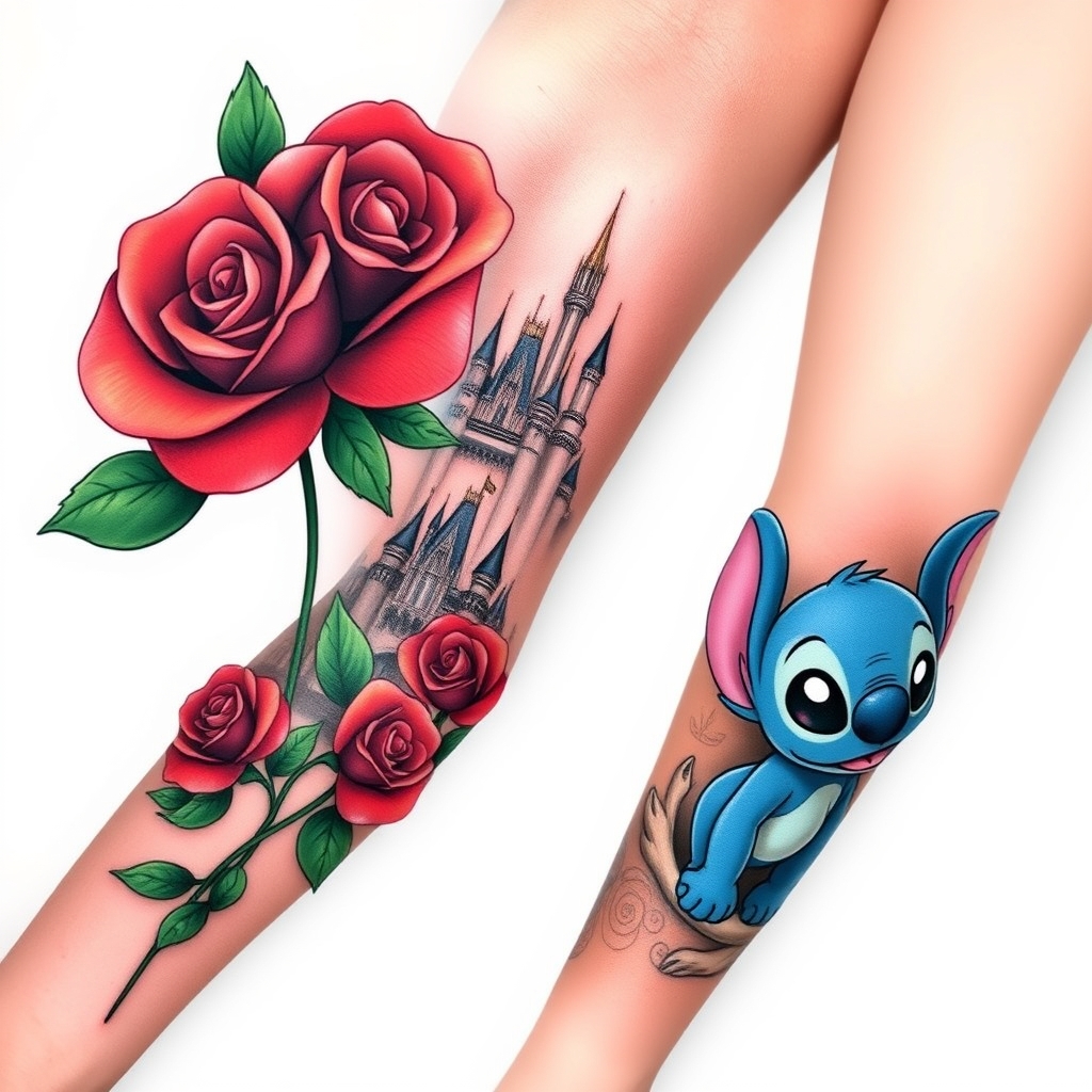 A tattoo design of Disney sleeve with belle, castle, red rose, stitch hidden mickey in the style of realistic. - disney characters tattoo design generated by AI tattoo generator