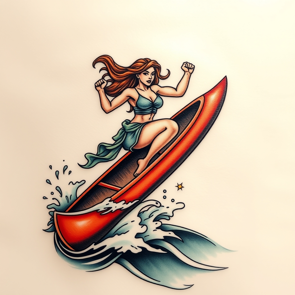 A tattoo design of A strong woman leaping off a canoe into water in the style of surrealistic. - strong woman tattoo design generated by AI tattoo generator