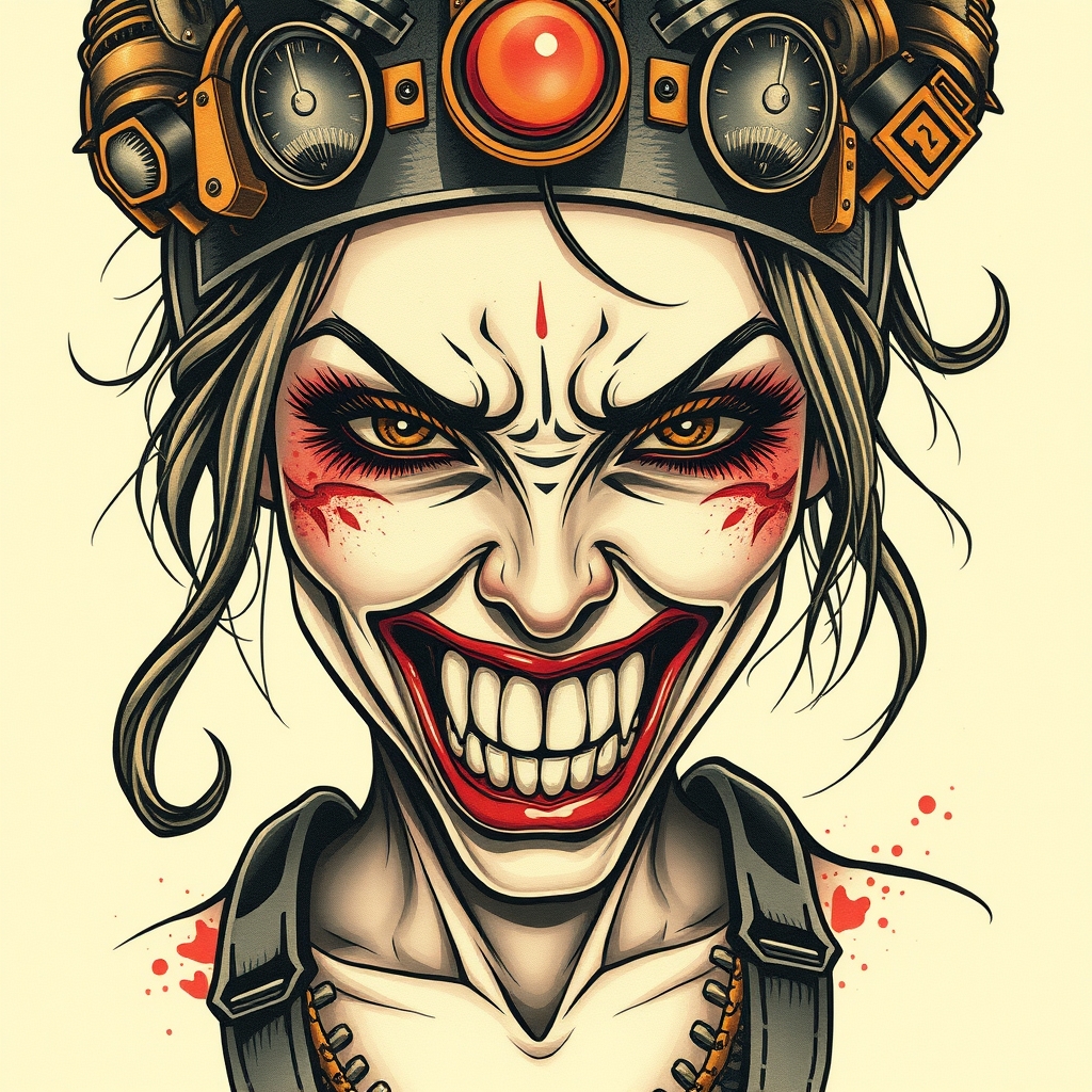 A tattoo design of Steampunk grining girl with sharp teeth in the style of realistic. - steampunk character tattoo design generated by AI tattoo generator
