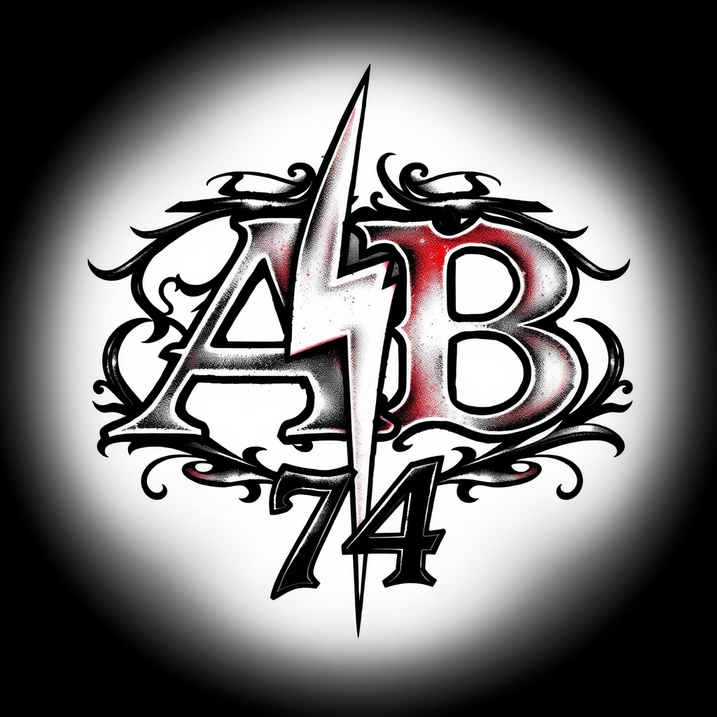 A tattoo design of Initials A and  B with lighting bolt and the number 74 in the style of realistic. - initials and symbols tattoo design generated by AI tattoo generator