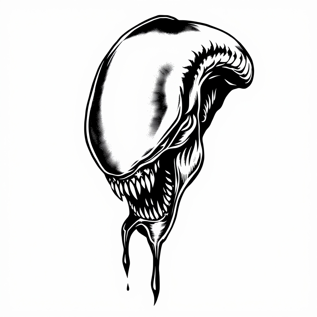 A tattoo design of Xenomorph head with bloody teeth in the style of blackwork. - alien creature tattoo design generated by AI tattoo generator