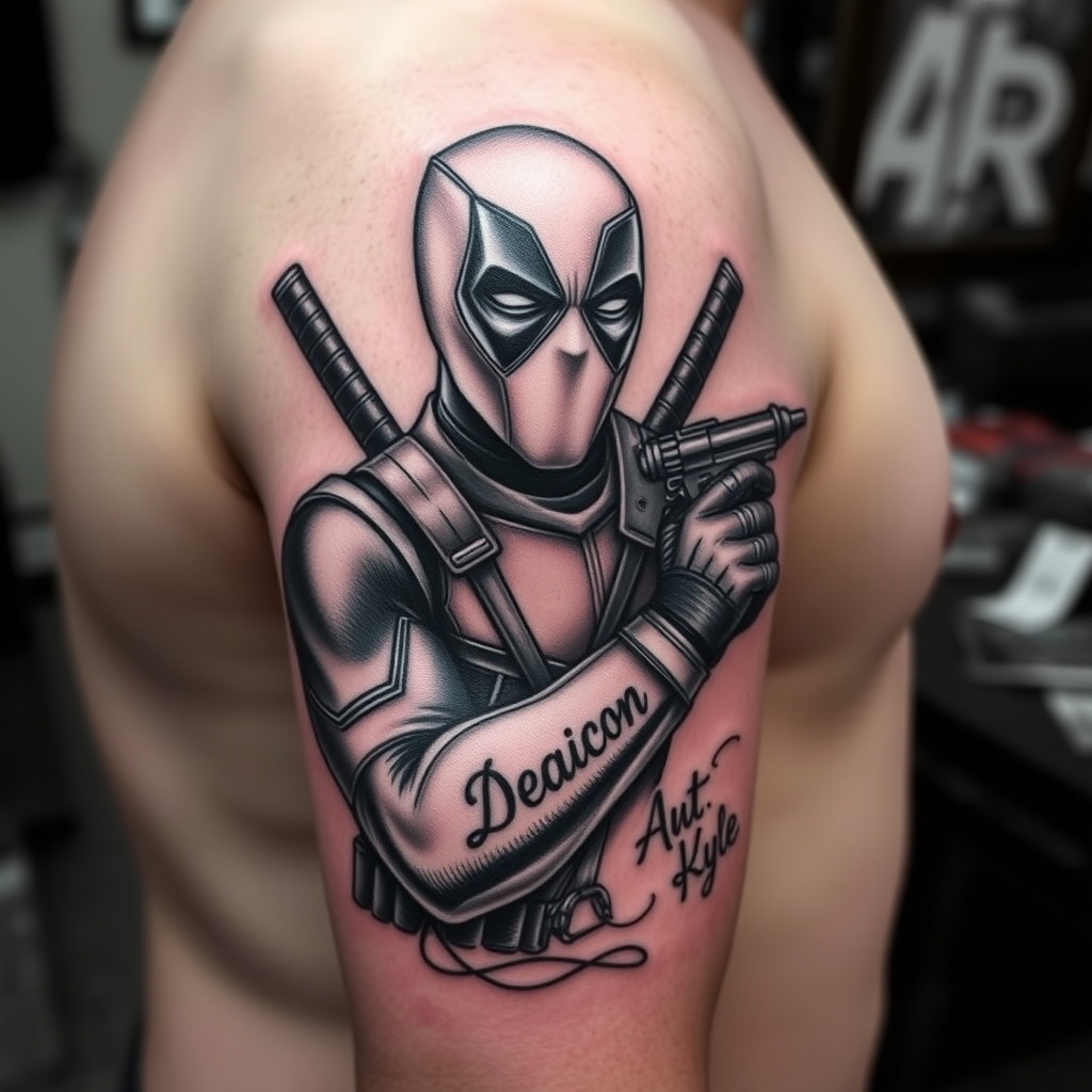 A tattoo design of Top half sleeve black and grey tattoo of deadpool holding a tattoo gun and tattooing the names Deacan Austin and Kyle directly on to my arm in the style of blackwork. - pop culture tattoo design generated by AI tattoo generator