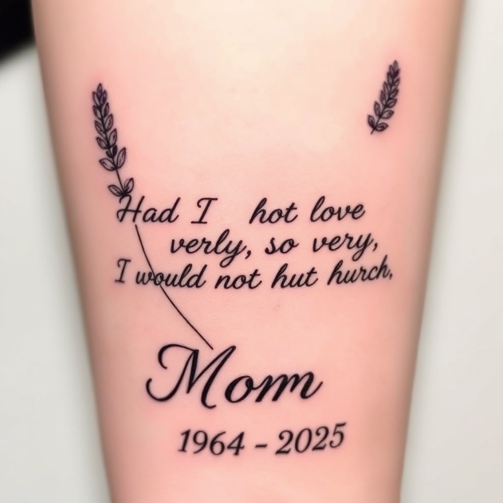 A tattoo design of Lavender with the words Had I not loved so very much, I would not hurt so much in cursive. Mom 1964-2025 underneath in serif  in the style of minimalist. - memorial quote tattoo design generated by AI tattoo generator
