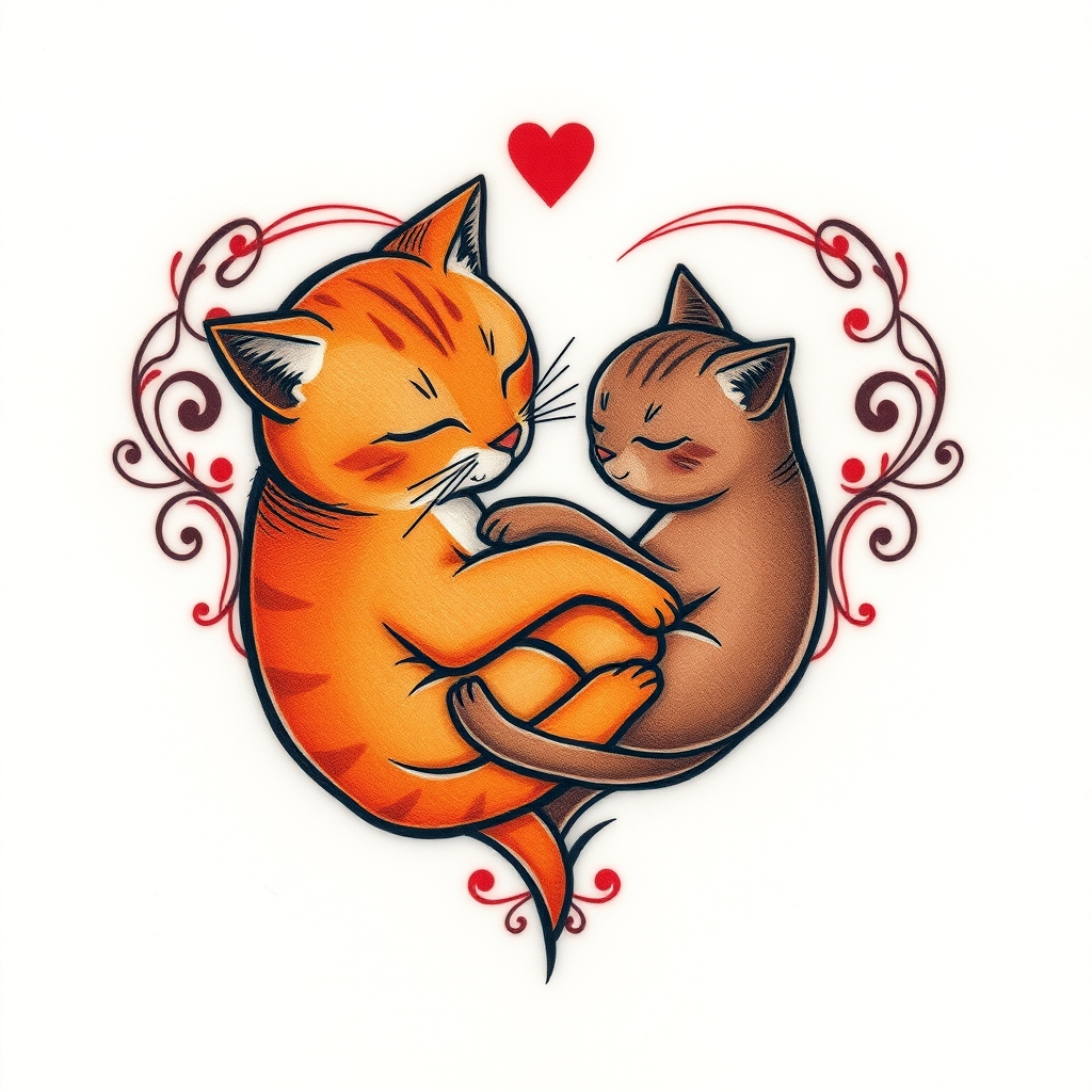 A tattoo design of A heart shape that looks like an orange cat and a brown cat sleeping and hugging  in the style of traditional. - cats tattoo design generated by AI tattoo generator