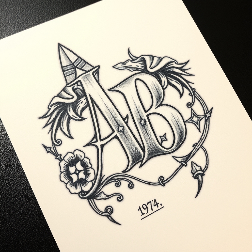 A tattoo design of Initials AB, year 1974,  in the style of surrealistic. - dates and initials tattoo design generated by AI tattoo generator