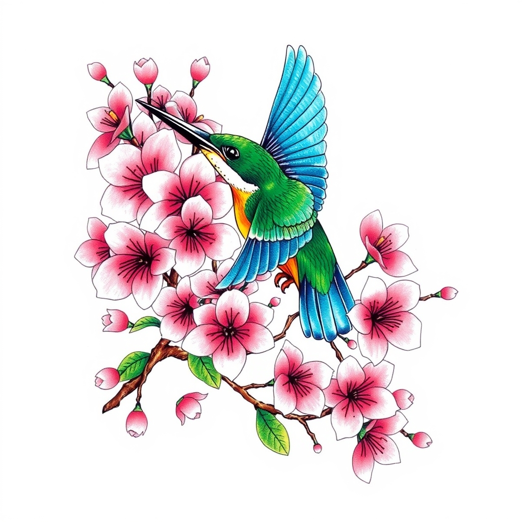 A tattoo design of Bunches of pink cherry blossoms with green and blue kingfisher in flight in the style of japanese. - floral wildlife tattoo design generated by AI tattoo generator