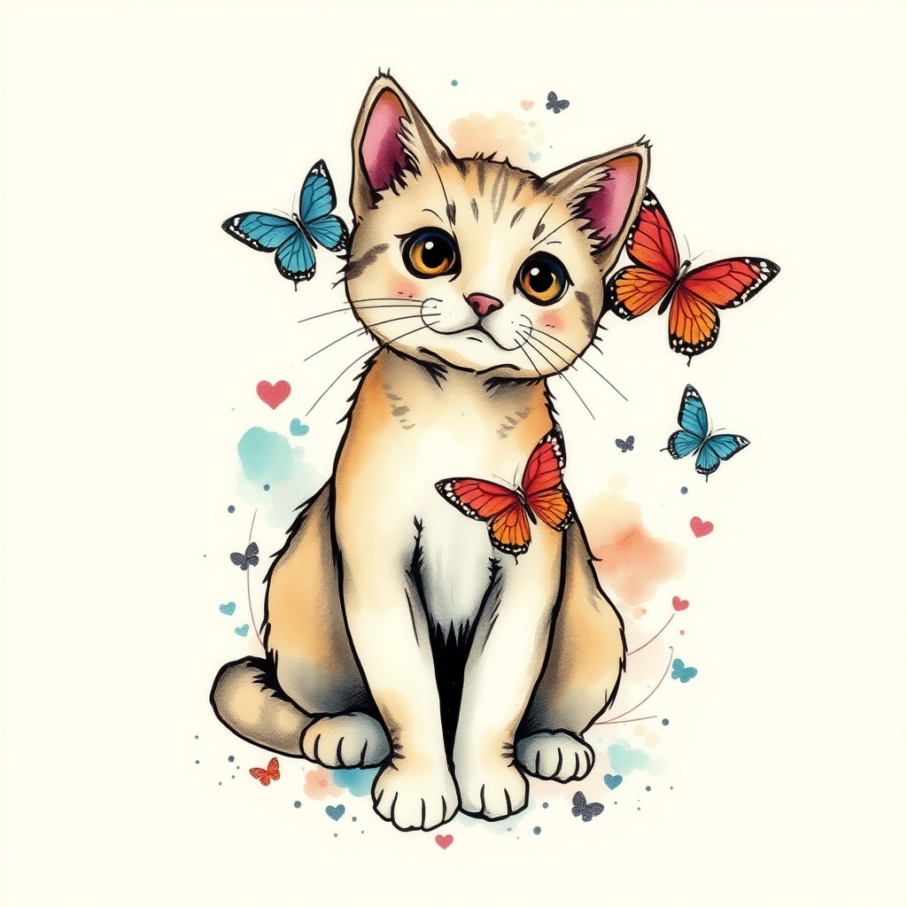 A tattoo design of Cat sitting with butterflies and watercolor  in the style of watercolor. - animals and insects tattoo design generated by AI tattoo generator
