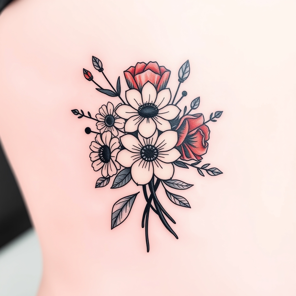 A tattoo design of Flowers of of different kinds in one bundle. in the style of minimalist. - floral arrangement tattoo design generated by AI tattoo generator