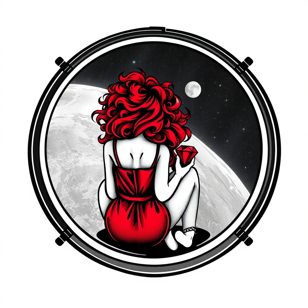 A tattoo design of Black and grey style. Curious redhead woman in romper with curly hair sitting in a small space capsule alone, facing the window. Floating through space with nothing to keep her company but a shining red ruby which she holds close by the porthole window. They are both sitting by the window peering out on an unknown planet. in the style of abstract. - space travel tattoo design generated by AI tattoo generator