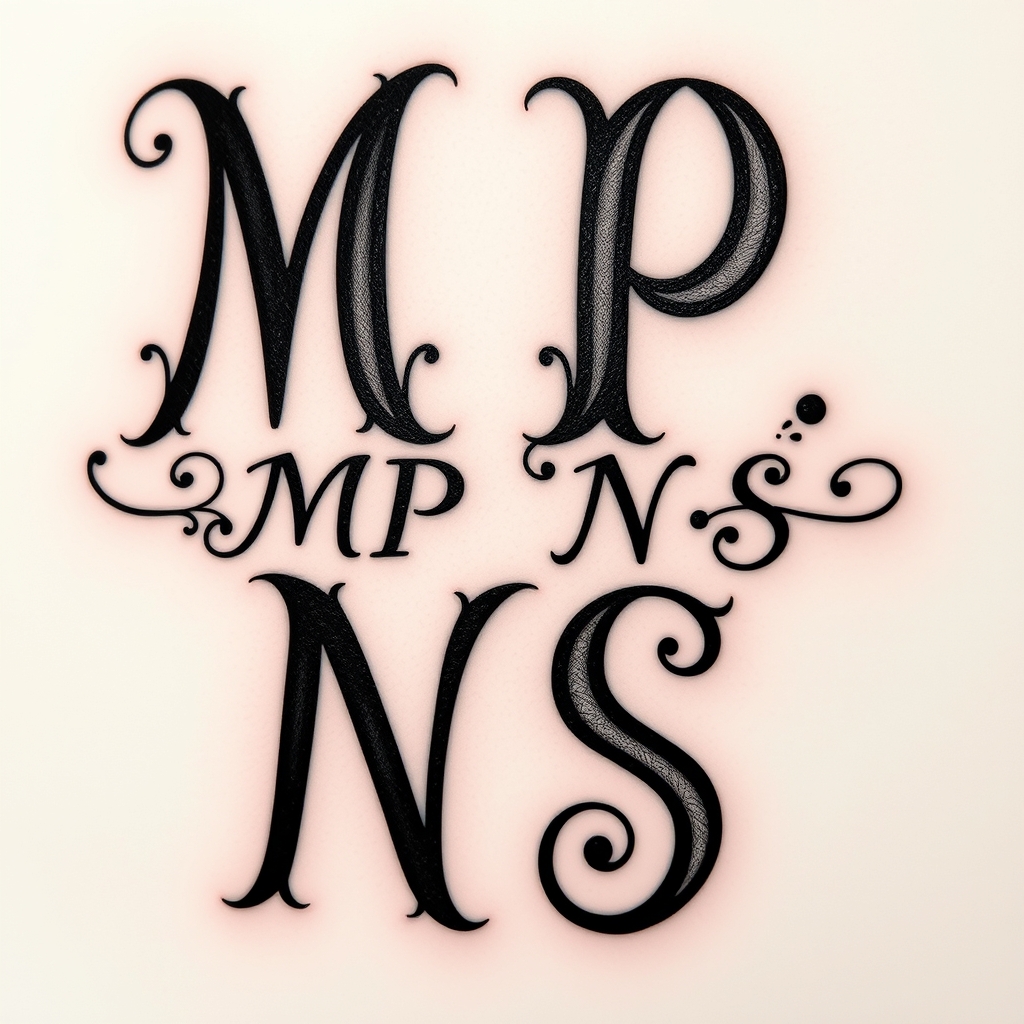A tattoo design of Create a beautiful memory tattoo using M,P,N,S letters in the style of abstract. - lettering tattoo design generated by AI tattoo generator