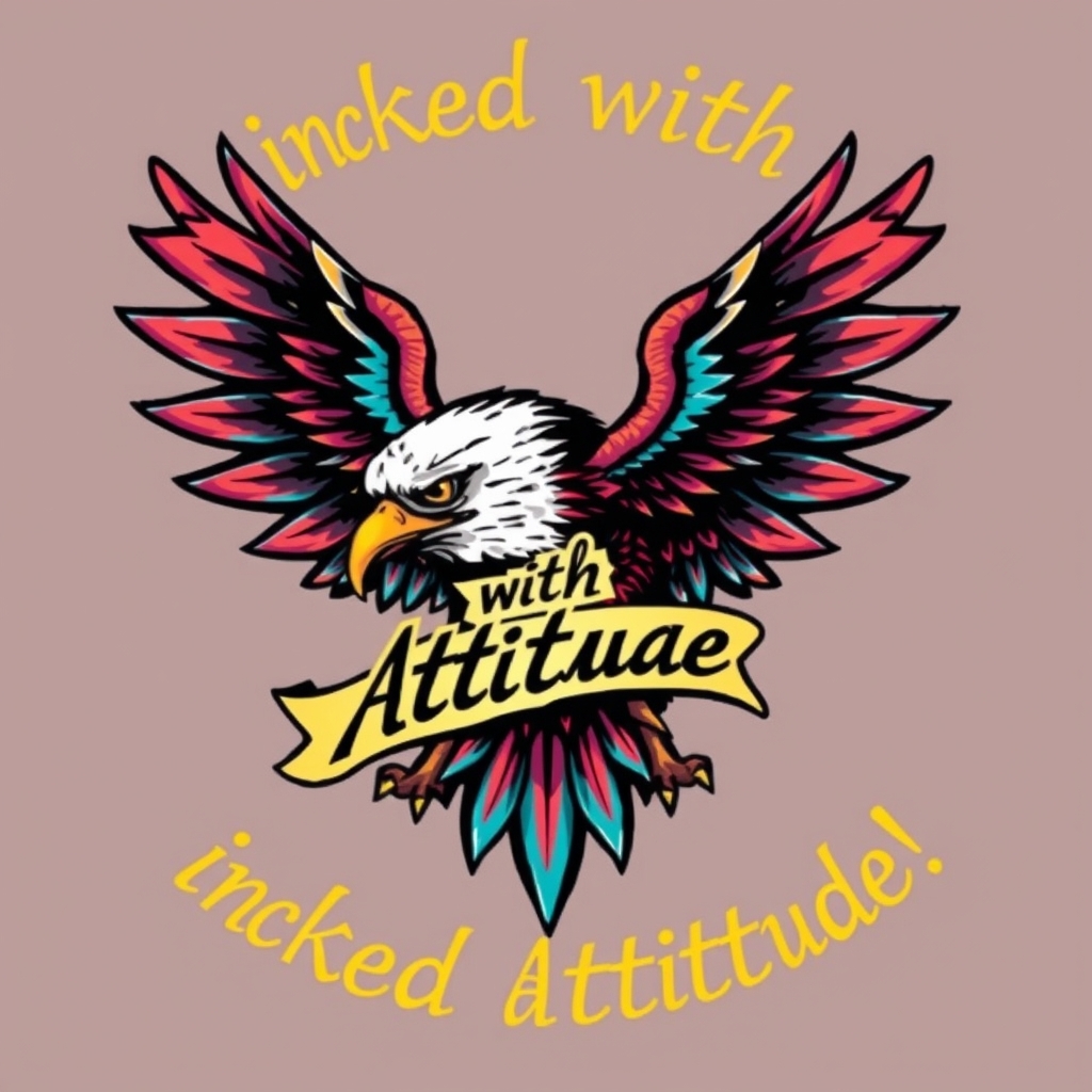 A tattoo design of create an image of a wicked colorful eagle with the phrase "Inked with Attitude!" included in a traditional sailor jerry tattoo style in the style of traditional. - eagle tattoo tattoo design generated by AI tattoo generator