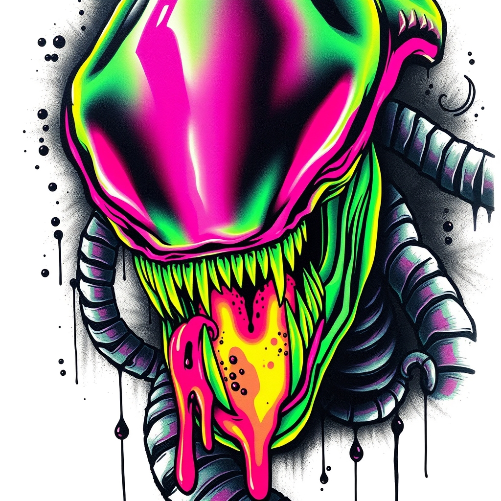 A tattoo design of Neon colored xenomorph with acid dripping from bloody teeth in the style of realistic. - alien creature tattoo design generated by AI tattoo generator