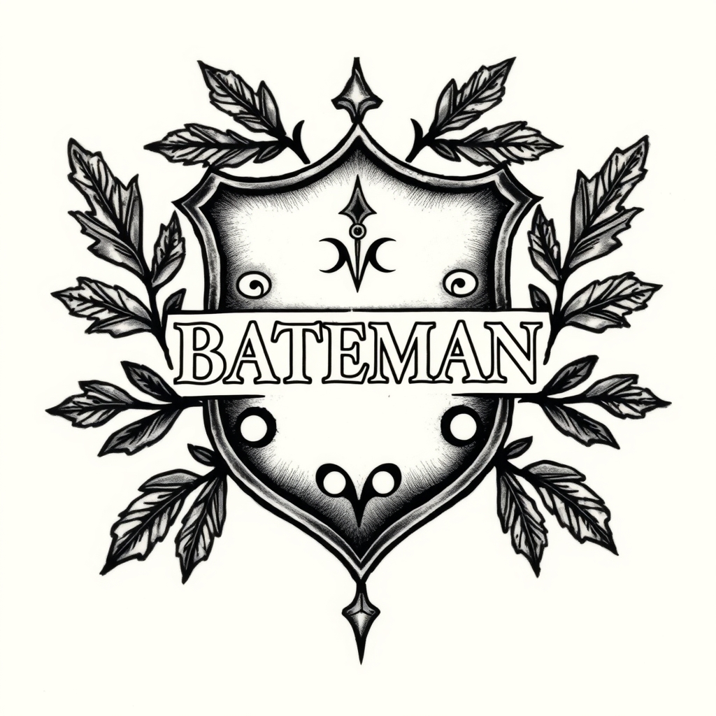 A tattoo design of A badge-shaped crest engraved with the surname "BATEMAN" in bold serif or gothic lettering, symbolizing strength and honor.  Framed with oak leaves in the style of realistic. - family crest tattoo design generated by AI tattoo generator