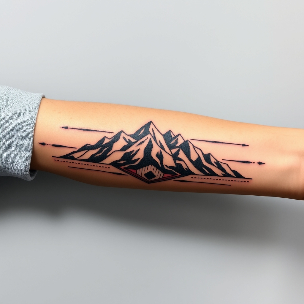 A tattoo design of Long Masculine peruvian tattoo for a forearm with mountains in the style of geometric. - nature landscape tattoo design generated by AI tattoo generator