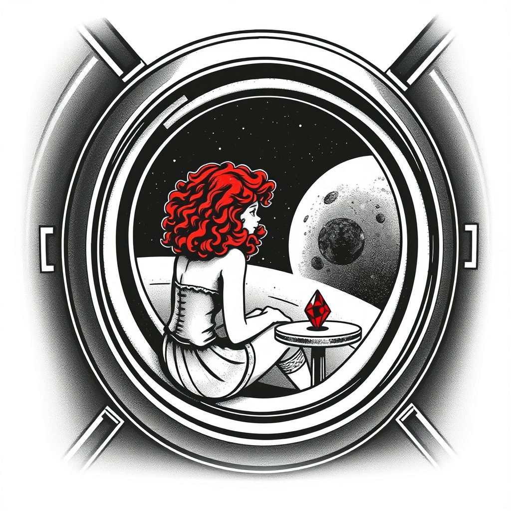 A tattoo design of Black and grey style. Redhead girl with curly hair sitting in a small space capsule alone. Floating through space with nothing to keep her company but a thing red ruby which she keeps on the small table by the porthole window. They are both sitting by the window peering out on an unknown planet. in the style of geometric. - space travel tattoo design generated by AI tattoo generator