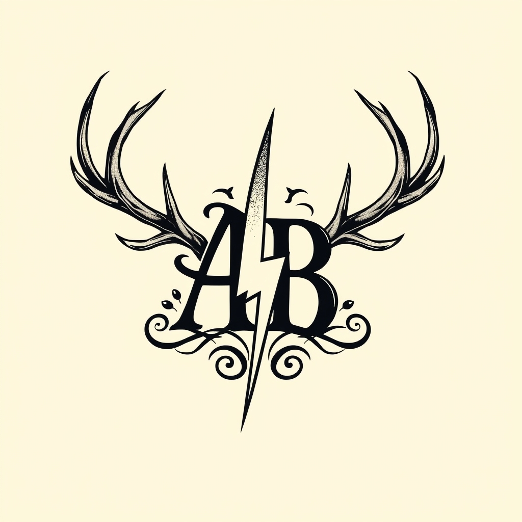 A tattoo design of Initials AB with lighting bolt deer antlers 74 in the style of realistic. - symbolic initials tattoo design generated by AI tattoo generator