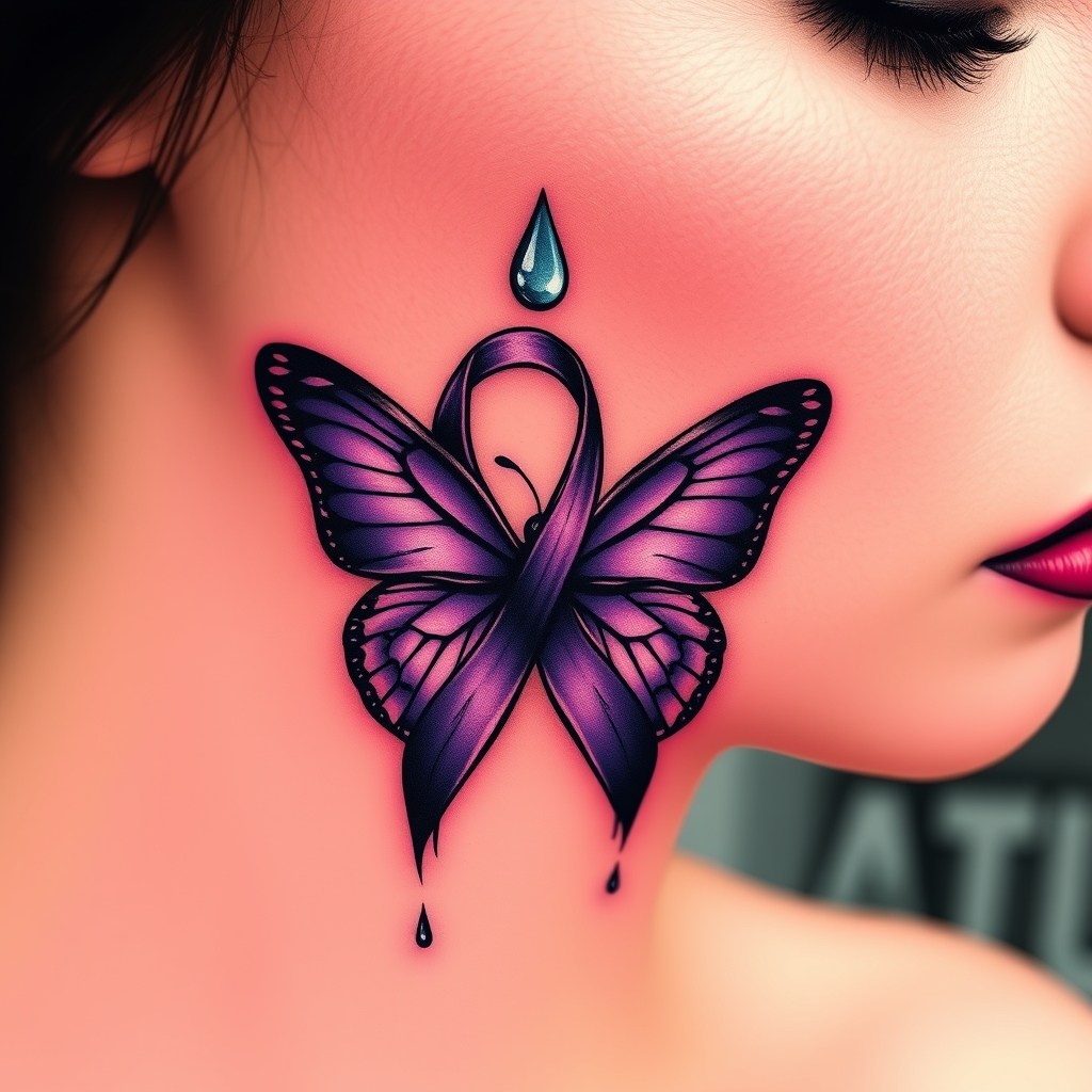 A tattoo design of A tear running down a woman's face with a domestic violence ribbon and a purple butterfly entwined together in the style of abstract. - domestic violence awareness tattoo design generated by AI tattoo generator
