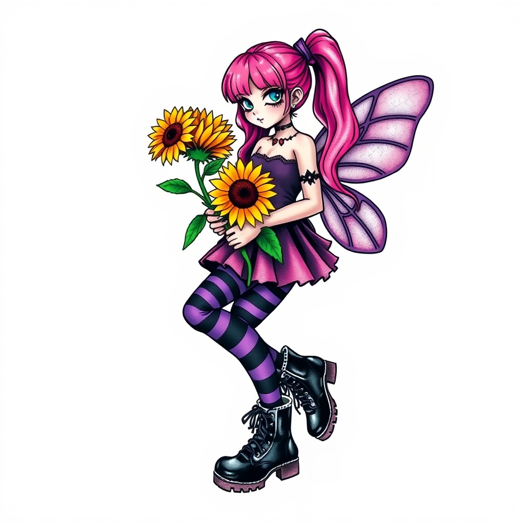 A tattoo design of Punk flower fairy. Pink hair in pigtails, dressed in purple and black  purple striped tights and dm boots holding sunflowers in the style of realistic. - mythical creature tattoo design generated by AI tattoo generator