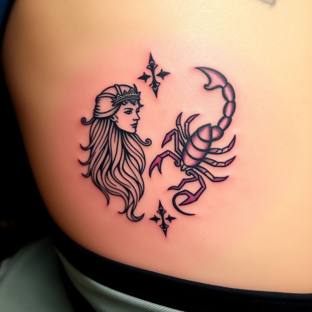 A tattoo design of Combine zodiac signs Aquarius and Scorpio in the style of traditional. - astrology zodiac tattoo design generated by AI tattoo generator