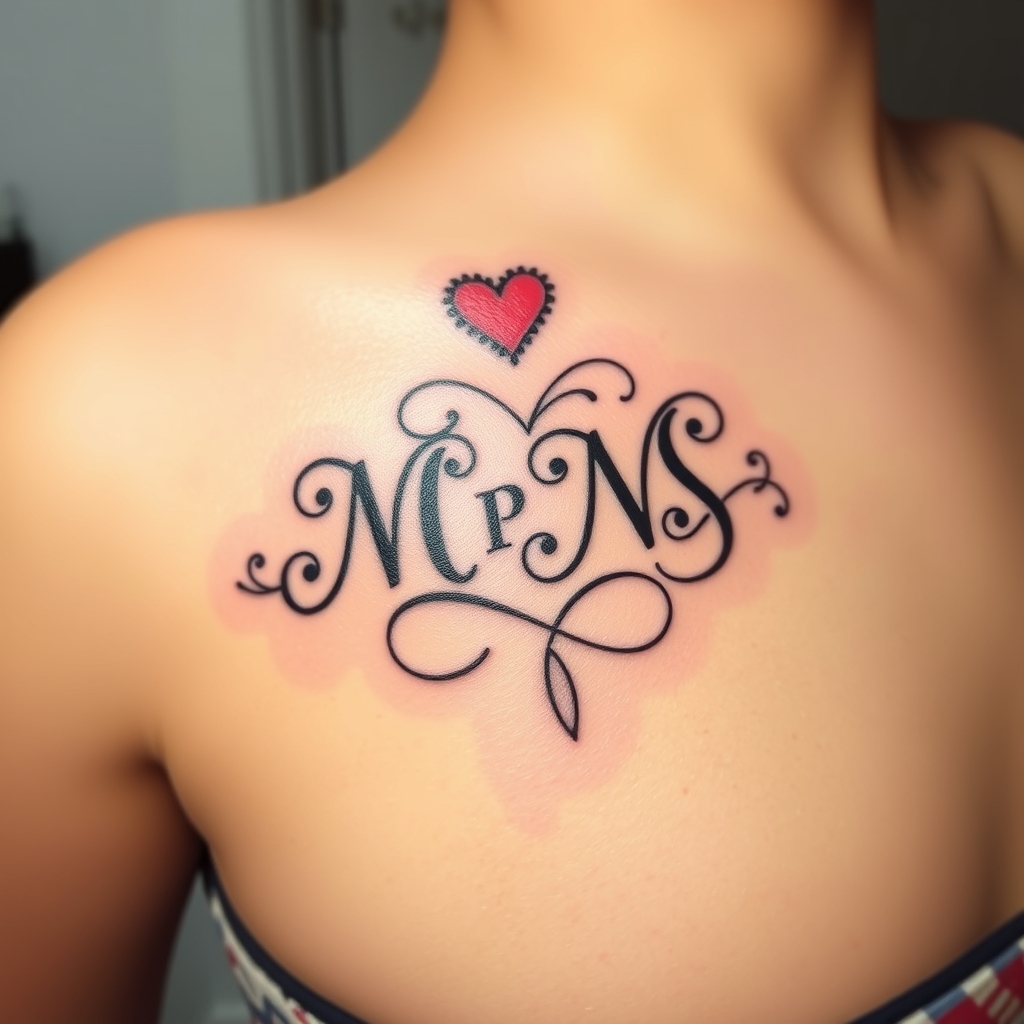 A tattoo design of Create a beautiful memory tattoo merging M,P,N,S letters in the style of traditional. - monogram tattoo design generated by AI tattoo generator