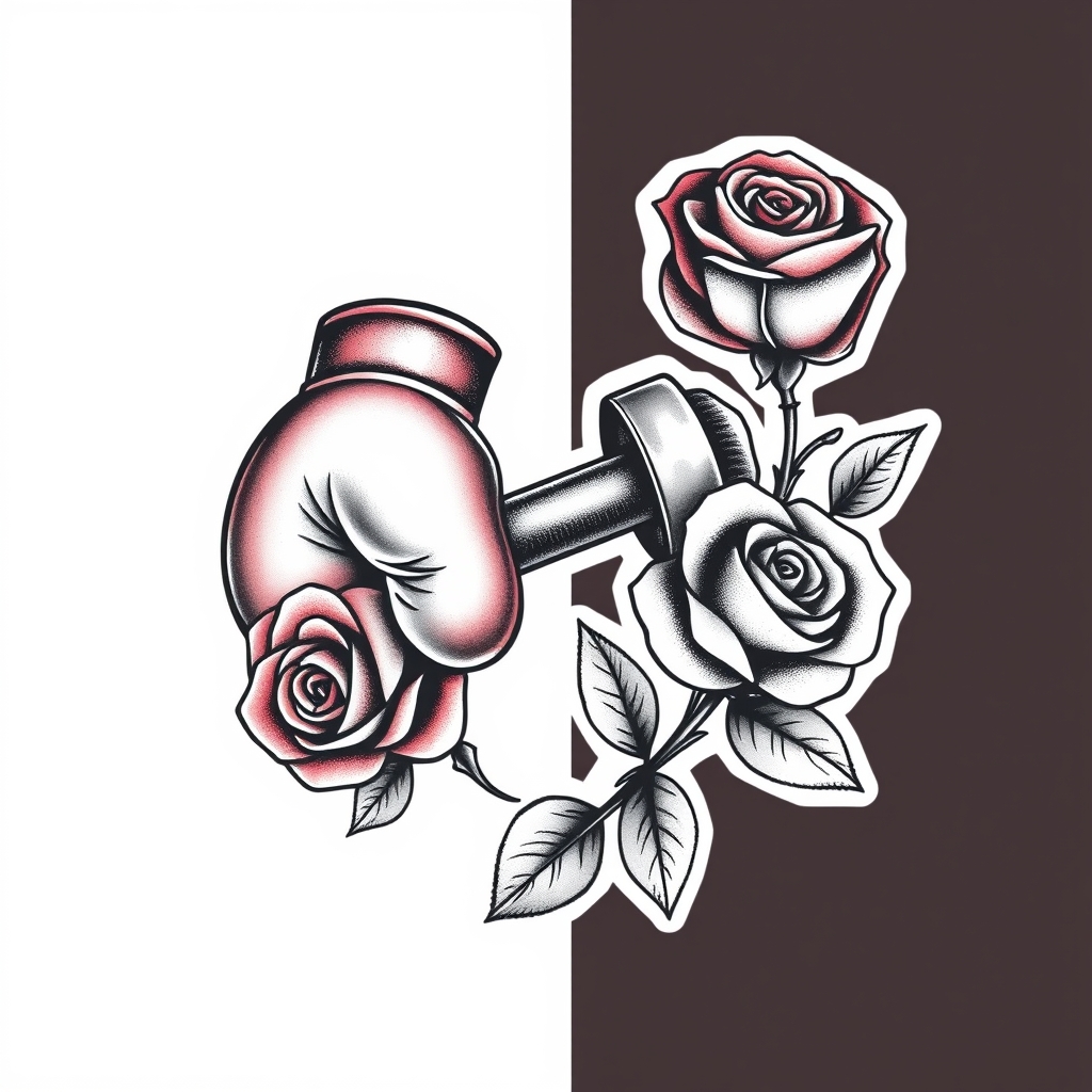A tattoo design of A pair of boxing gloves, a weight dumbell, and one rose in the style of realistic. - fitness symbols tattoo design generated by AI tattoo generator