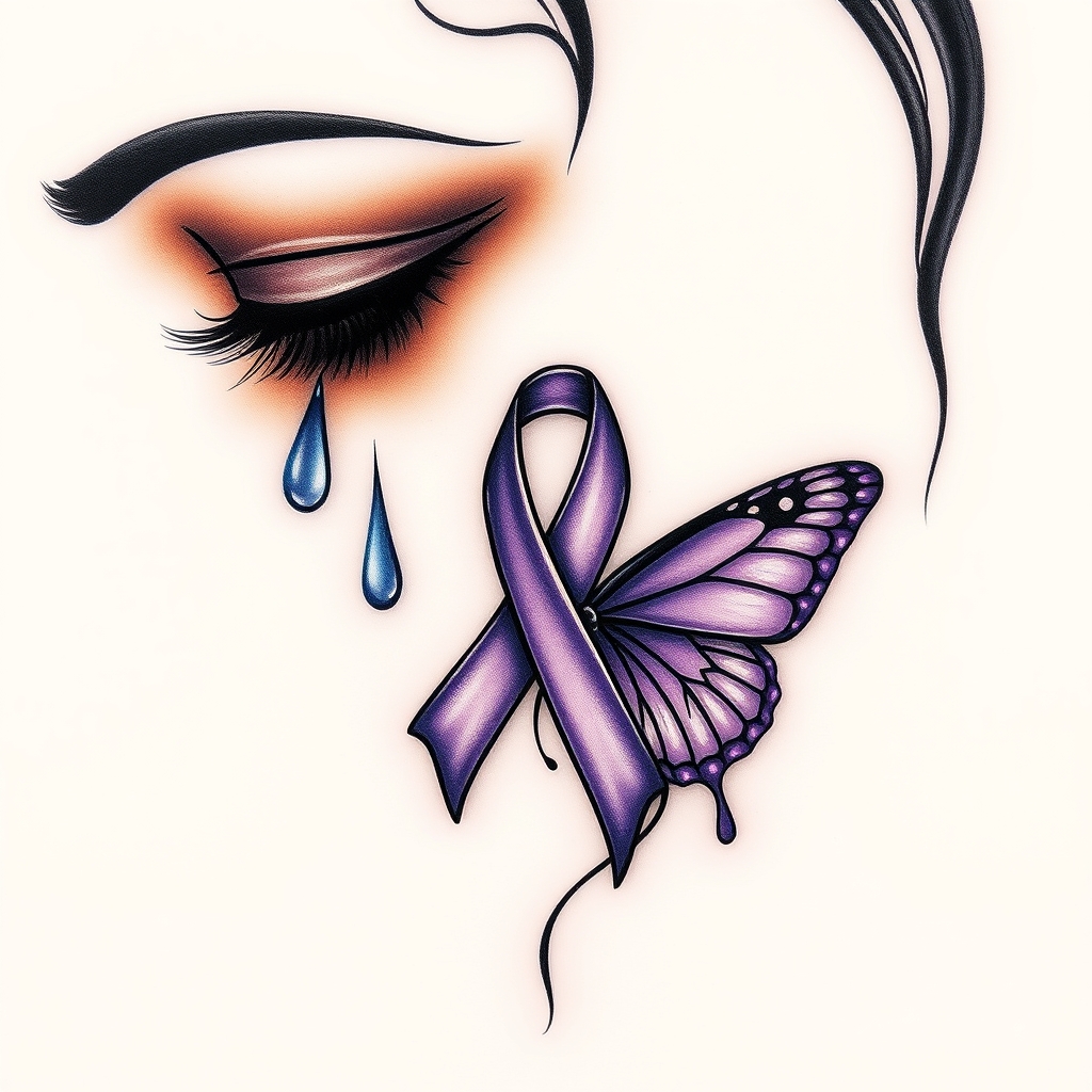 A tattoo design of A tear running down a woman's face with a domestic violence ribbon and a purple butterfly entwined together in the style of abstract. - domestic violence awareness tattoo design generated by AI tattoo generator