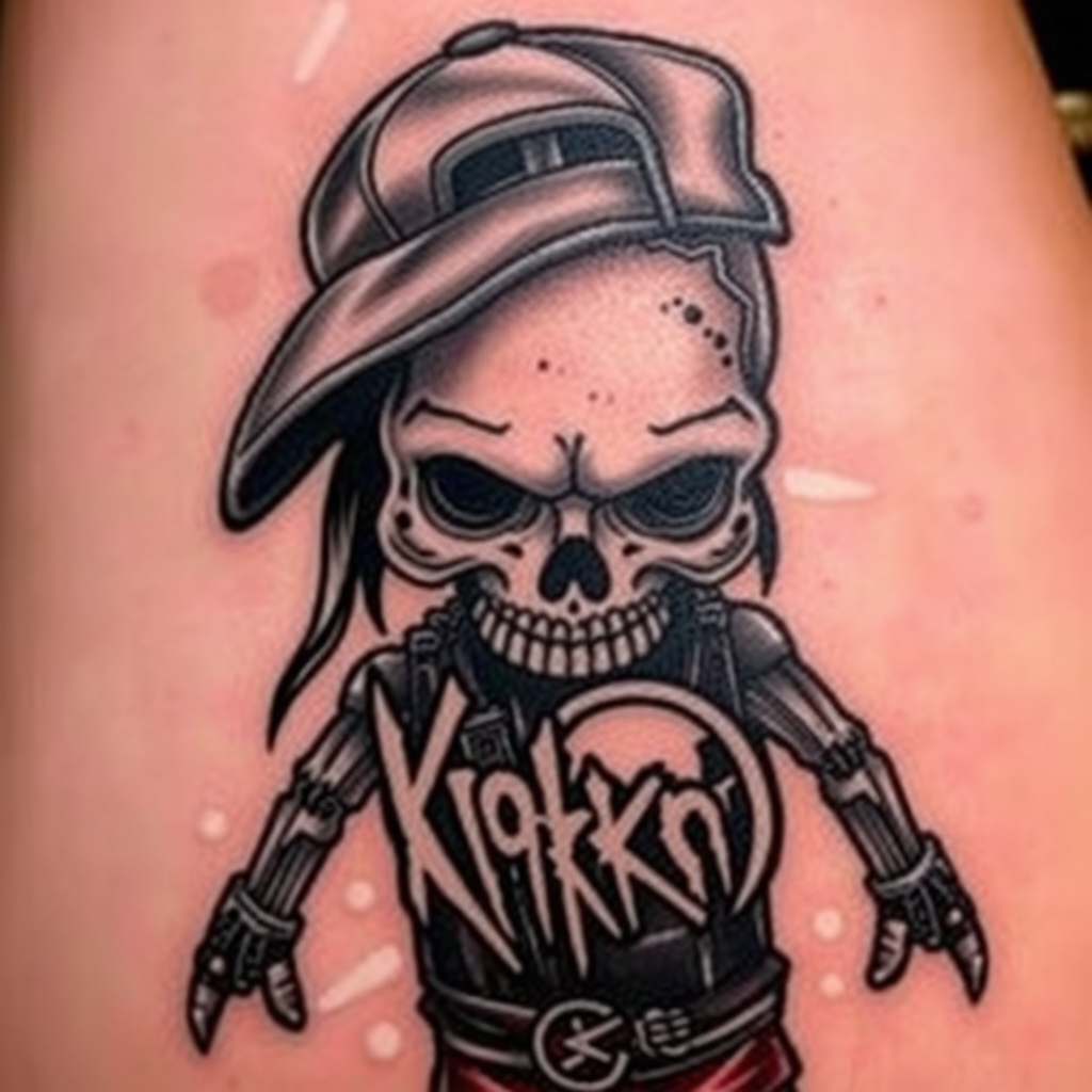 A tattoo design of Korn voodoo doll with linkin park flag logo pinnend on and Slipknot logo with a limp bizkit cap on its head in the style of realistic. - nu metal bands tattoo design generated by AI tattoo generator