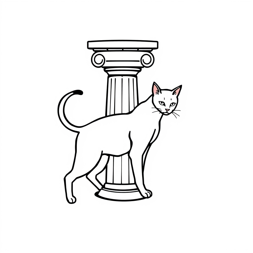 A tattoo design of Simple lined Greek pillar with a sleek cat stretching next to it  in the style of abstract. - architecture animal tattoo design generated by AI tattoo generator