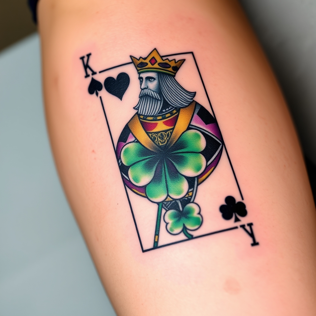 A tattoo design of I would like a 3d photo realistic playing card, the king of 4 leaf clovers, with black, green, and purple ink, maybe some white ink for highlighting. NO red ink. in the style of geometric. - playing cards tattoo design generated by AI tattoo generator
