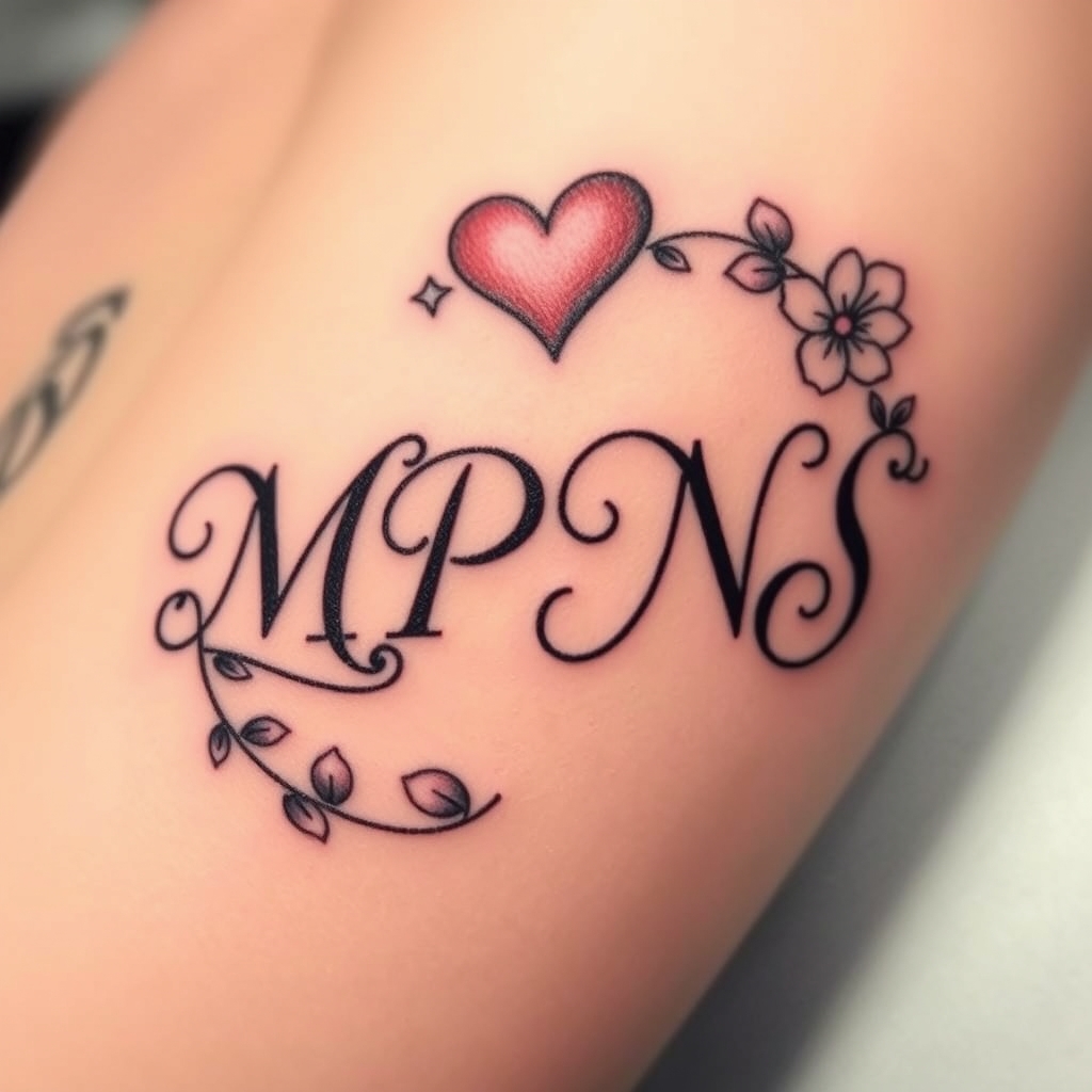 A tattoo design of Create a beautiful memory tattoo using M,P,N,S letters in the style of realistic. - initials tattoo design generated by AI tattoo generator