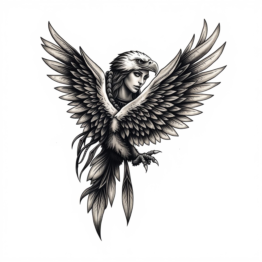 A tattoo design of Iwarrior women with Eagle in the style of realistic. - mythical warrior tattoo design generated by AI tattoo generator