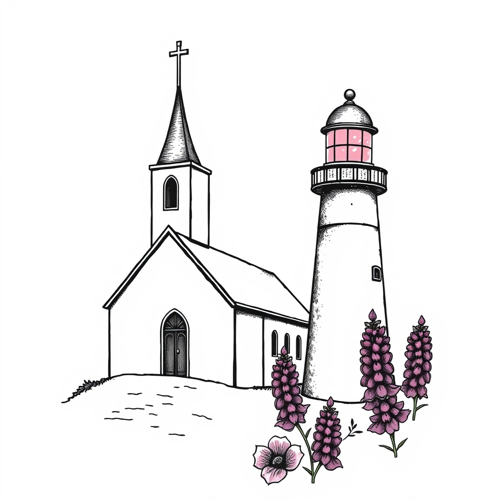A tattoo design of Chapel and a lighthouse beside it with a pink moon an purple lupines in the style of blackwork. - landscape architecture tattoo design generated by AI tattoo generator